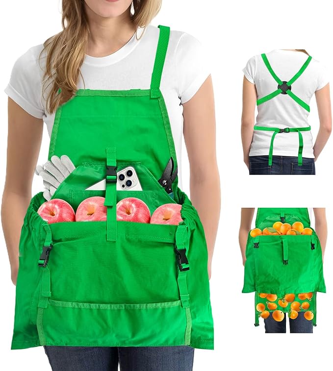 Gardening Apron Harvest Apron with Pockets, Green Garden Apron, Adjustable Waist Belt
