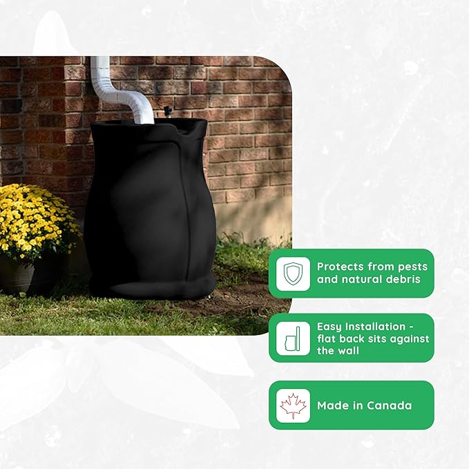FCMP Outdoor 45-Gallon Catalina Rain Barrel – BPA-Free, Flat-Back Design with 3.5 Foot Garden Hose, Shut-Off Thumb Valve, and Fixed Lid (RB-CAT-BLK) Black