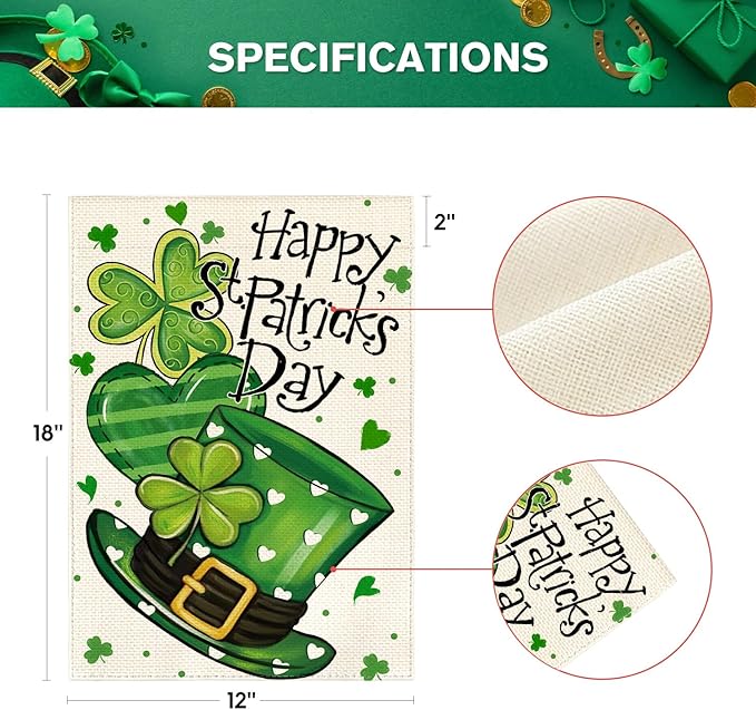 AVOIN colorlife Happy St Patricks Day Garden Flag 12x18 Inch Double Sided Outside, Shamrock Lucky Clover Hat Yard Outdoor Flag