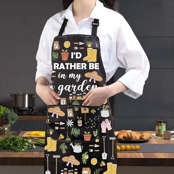 JXGZSO Gardening Apron with Pockets I'd Rather Be In My Garden Apron for Gardener Florist Plant Lover Gift for Grandma Mom