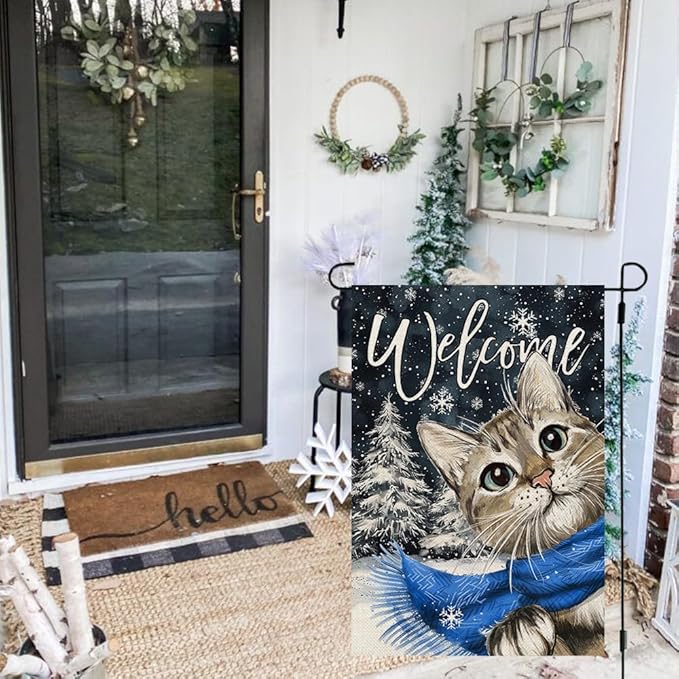 CROWNED BEAUTY Winter Cat Garden Flag 12x18 Inch Double Sided for Outside Small Welcome Burlap Holiday Yard Decoration CF1660-12