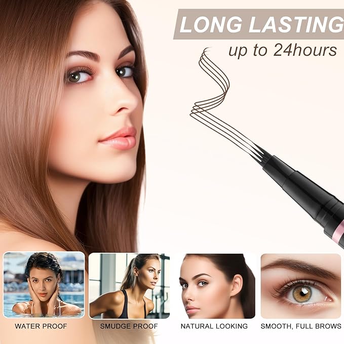 Eyebrow Pencil,2-in-1 Waterproof Eyebrow Pen with 4 Tip Brow Pen and Ultra-Precise Brow Pencil,with Dual-ended Eyebrow Brush,Eyebrow Makeup for Natural Looking Eyebrows - Brunette