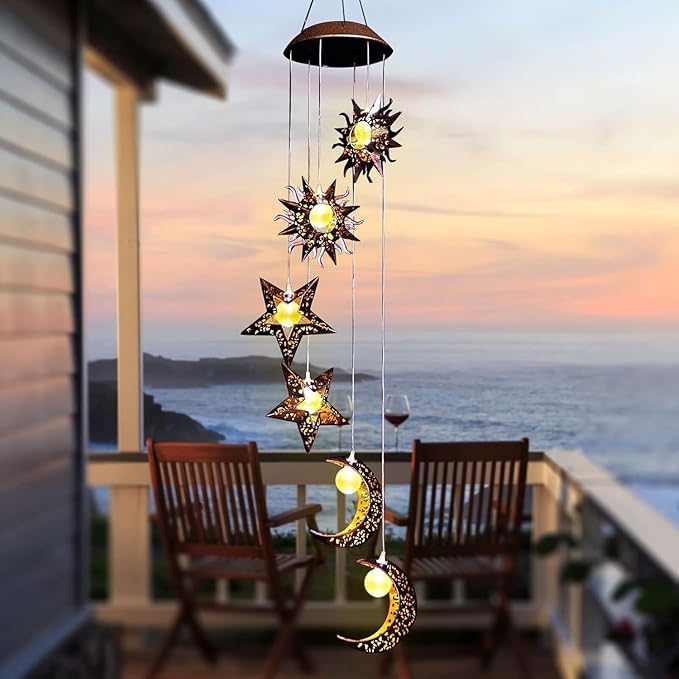 Solar Wind Chimes for Outdoor Lights Sun Moon Star for Women Mom Wife Hanging Decor Outdoor Sympathy Wind Chimes for Garden Patio Balcony Birthday Womens Gifts
