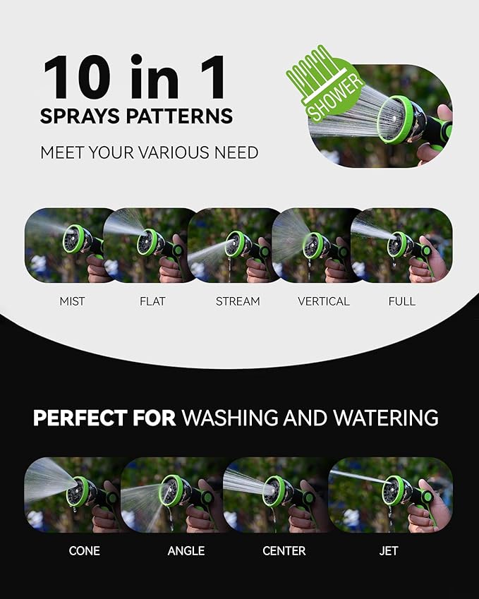 RAINPOINT Spray Nozzles for Garden Hose - 10 Spray Patterns Garden Hose Nozzle with Adjustable Flow Control for Watering Plants, Washing Cars,Washing Pets, Thumb Control (Green)