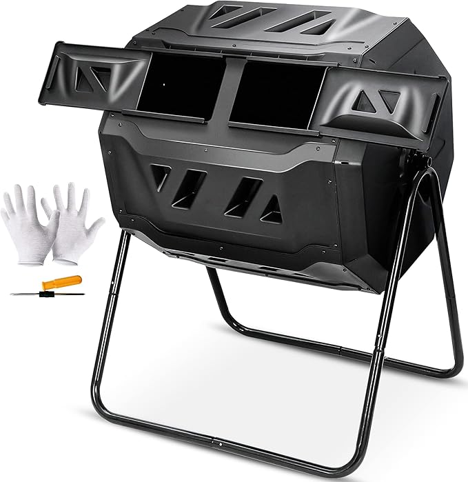 Nova Microdermabrasion 43 Gallon Compost Tumbler Bin Composter Dual Chamber BPA Free Compost Bin Outdoor Rotating Garden Yard Waste Bins
