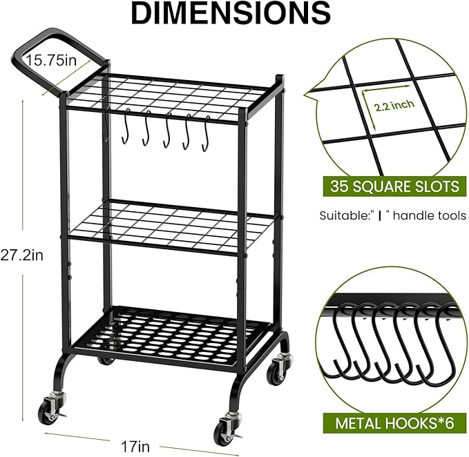 Garden Tool Organizer with Wheels, Yard Tool Tower Rack for Garage Organization and Storage, Up to 35 Long-Handled Tools,Metal Tool Holder with 6 Hooks, Black