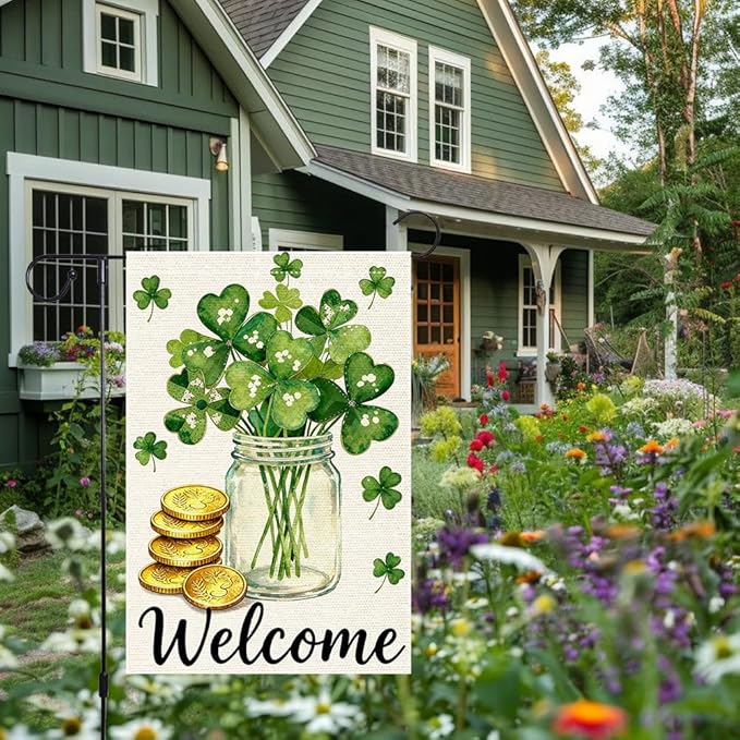 St Patrick's Day Garden Flag 12x18 Inch Double Sided Burlap Flag Welcome Shamrock Mason Jar Gold Coins Outdoor Decor for Yard Patio Irish Festival Decorations