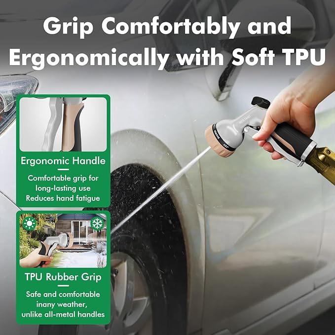 RESTMO Garden Hose Nozzle, Heavy Duty Metal Water Hose Nozzle with 7 Adjustable Spray Patterns, High Pressure Hand Sprayer with Flow Control, for Watering Plants & Lawns, Washing Cars & Pets, Gold