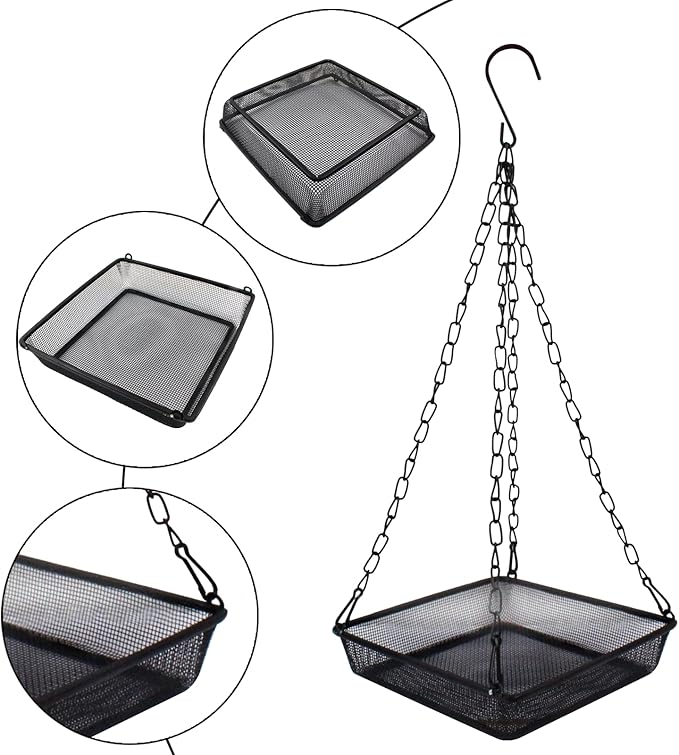 Hanging Bird Feeder Tray 6.7 Inch Square Metal Mesh Seed Holder, Durable Metal Mesh Feeders with Chains for Attracting Various Species of Wild Birds
