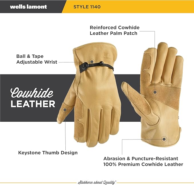 Wells Lamont Leather Work Gloves for Men – Heavy Duty, Cowhide, Abrasion & Puncture Resistant – Adjustable Wrist, Gunn Cut Design, Ideal for Ranching, Farming, Construction - Timber - XL
