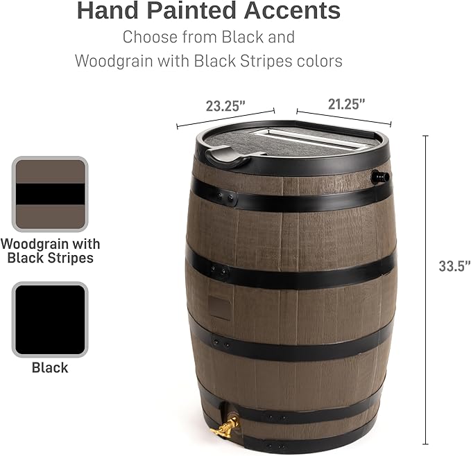 RTS Home Accents Premium 55-Gallon Rain Barrel with Removable Lid, Flat Back Rain Water Collection Barrel, Woodgrain with Black Stripes