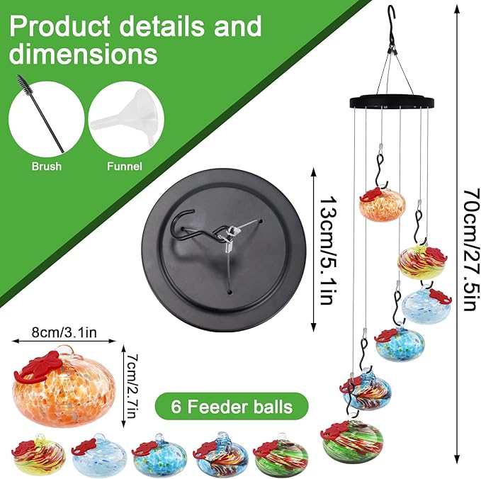 Glass Hummingbird Feeder Wind Chimes for Outdoors Hanging, Hand Blown Glass with 6 Glass Balls, Leak-Proof & Bee Proof for Outdoor Garden Decor for Bird Lovers
