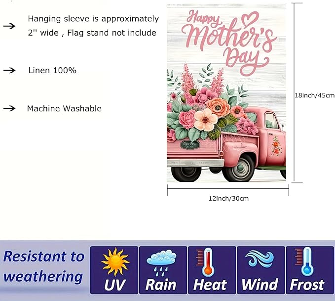 Happy Mothers Day Truck Garden Flag 12 x 18 inch Double Sided Outside decorations,Spring Flower Small Garden Flags For Outdoor Yard Lawn