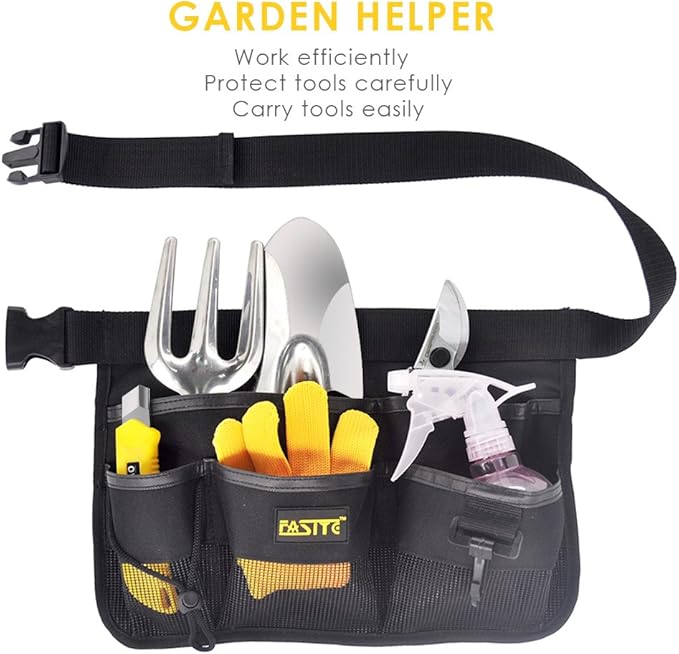 FASITE YL003B 7-POCKET Gardening Tools Belt Bags Garden Waist Bag Hanging Pouch, Black