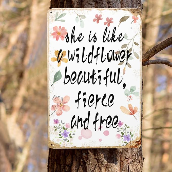 Wildflower Decor Vintage Metal Tin Signs She Is Like A Wildflower Beautiful Fierce And Free Baby Shower Decorations Wall Art 8X12 Inche