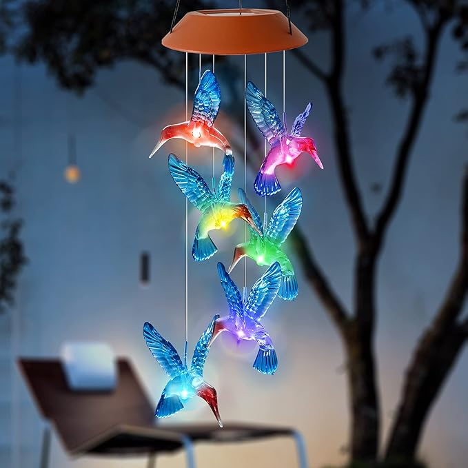 Hummingbird Wind Chimes Outdoor Color Changing Solar Mobile Light Outdoor Decoration Gifts for Grandma Birthday Gifts for Women Garden Memorial Wind Chimes (Blue)