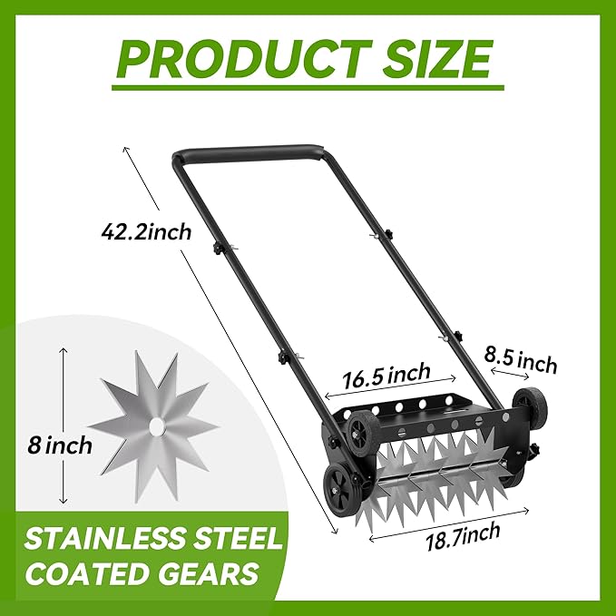 18-Inch Lawn Aerator,Heavy Duty Push Spike Aerator with 4 Wheels,Aerator Lawn Tool with Steel Handle, Manual Aerator Lawn Tool with Foam Armrests, Suitable for Lawn, Garden and Yard