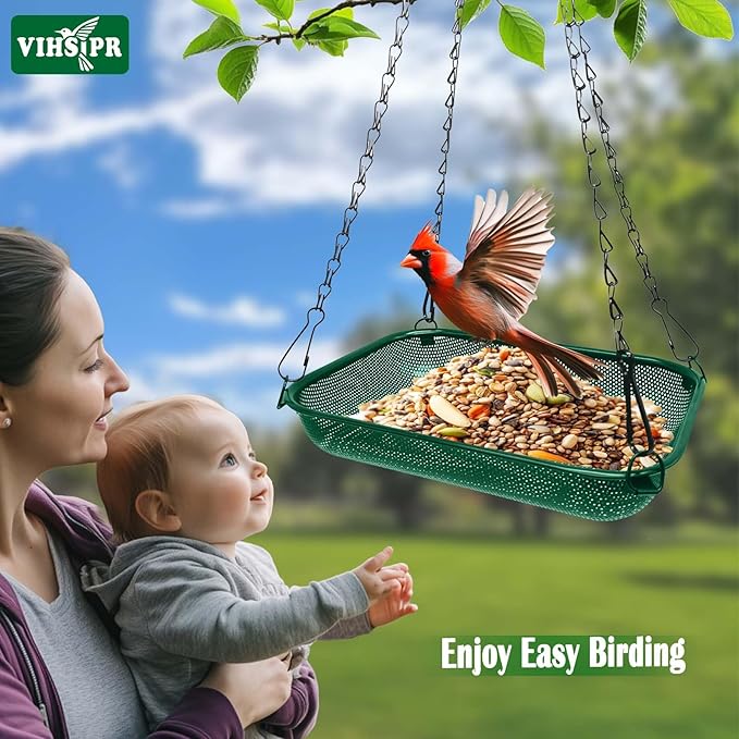 Platform Hanging Bird Feeder for Outdoors – Metal Mesh Seed Tray to Attract Wild Birds, Rectangle 12 x 8 in, Green