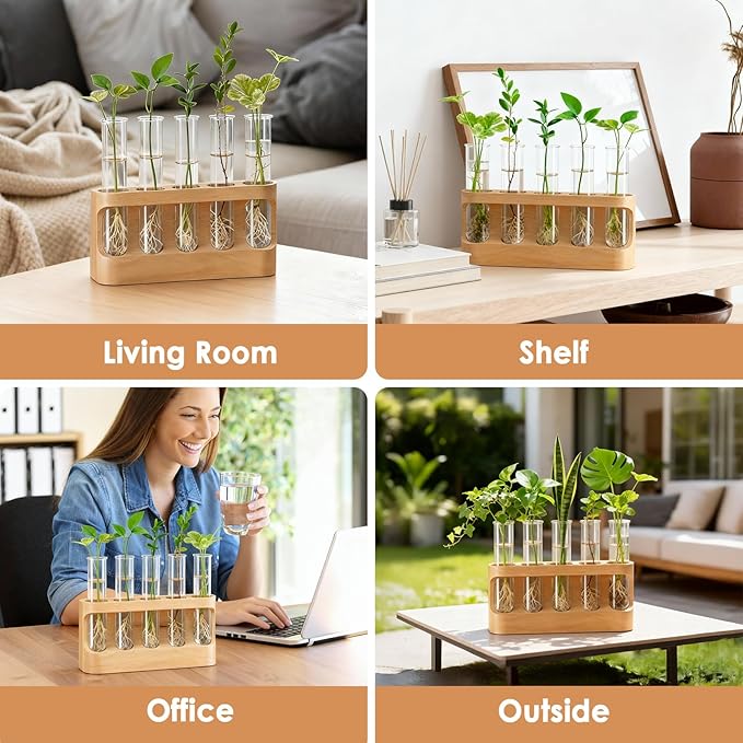Plant Propagation Station with 9-Level Dimmable LED Light, 5 Glass Test Tube Vases, Wooden Stand for Hydroponic Plants, Gardening Gift for Women & Plant Lovers, Desktop Terrarium & Home Decor