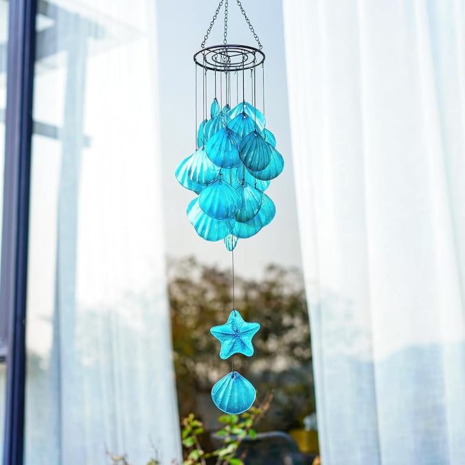 Stained Glass Wind Chimes for Outside,Handmade Large 25 inch Memorial Windchimes Outdoor,Sea Glass Decor for Patio Garden Balcony Porch (Shell & Starfish)