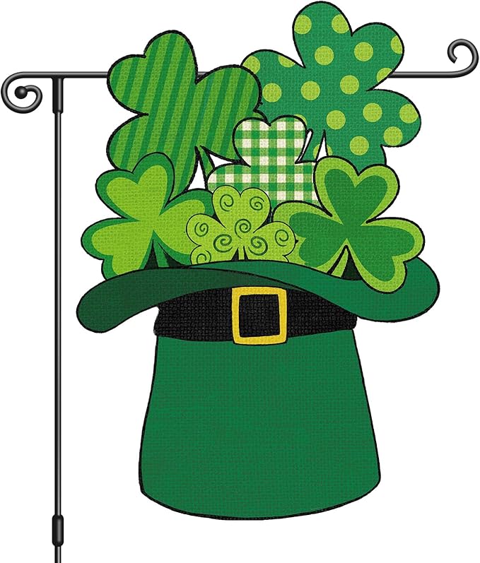 Heyfibro St Patrick's Day Garden Flag Banner Double Sided 13.4x18.9 Inch Shamrocks Green Hat Garden Flag Clover Yard Flags for Outside House Farmhouse Holiday St Patricks Outdoor Decorations