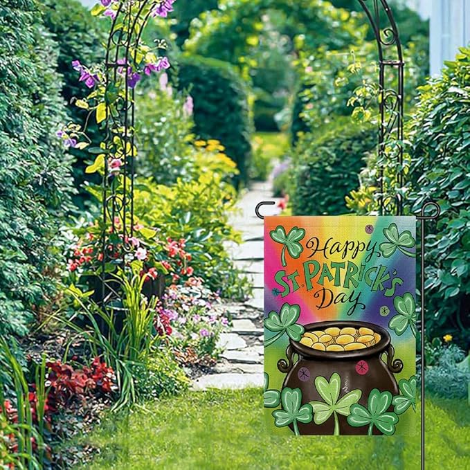Happy St Patrick's Day Garden Flag 12x18 Inch Double Sided Burlap, Green Lucky Clovers Shamrock Gold Coin Sign for Farmhouse Yard Outdoor Decor DF430
