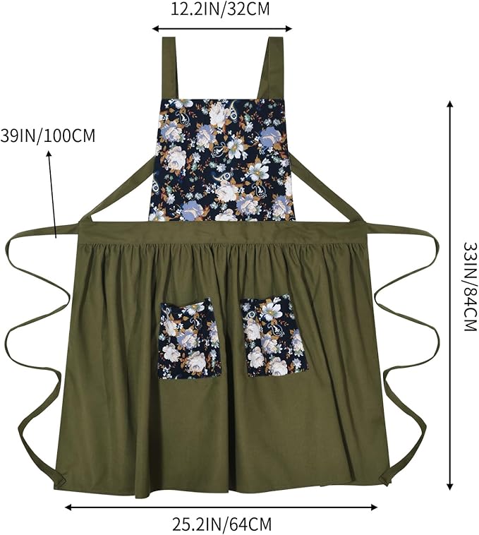 Vintage Pinafore Apron Dress for Women with Pockets Cute Floral Chef Aprons for Kitchen Cooking Baking Gardening