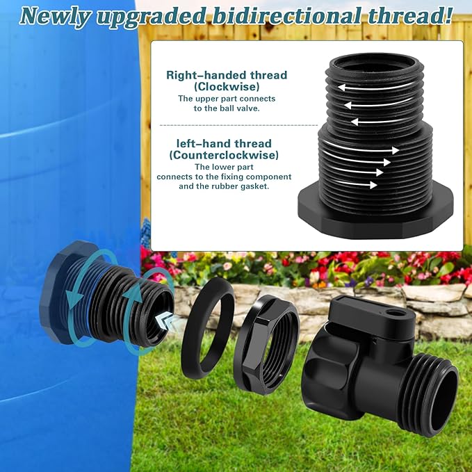 4 Pack Rain Barrel Spigot Kit, 3/4'' GHT Shut Off Valve with Bidirectional Thread Bulkhead Fitting, Plastic Garden Hose Faucet Adapter for Water Tanks, Rain Barrels & Containers