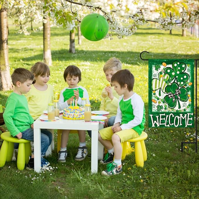 St Patricks Day Shamrock Garden Flag Double Sided, Stripes Polka Dot Trefoil Welcome Burlap Garden Flag for Outside Holiday Farmhouse Yard Decoration 12x18 Inch