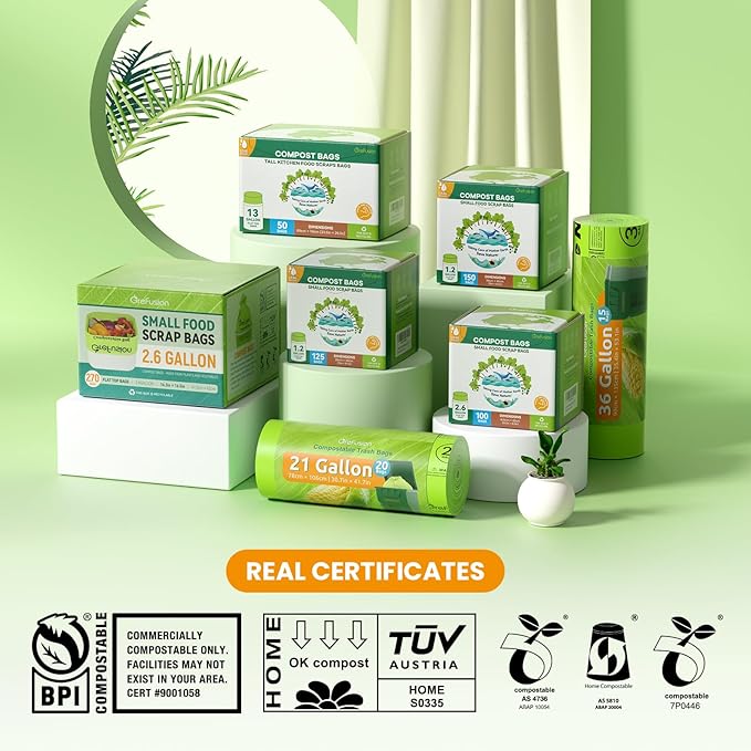 GreFusion Compostable Trash Bags, Small 2.6 Gallon, 270 Count, 0.72 Mils Thick, Eco Friendly, ASTM D6400 & BPI Certified, Composts Food Scraps, No Leaks