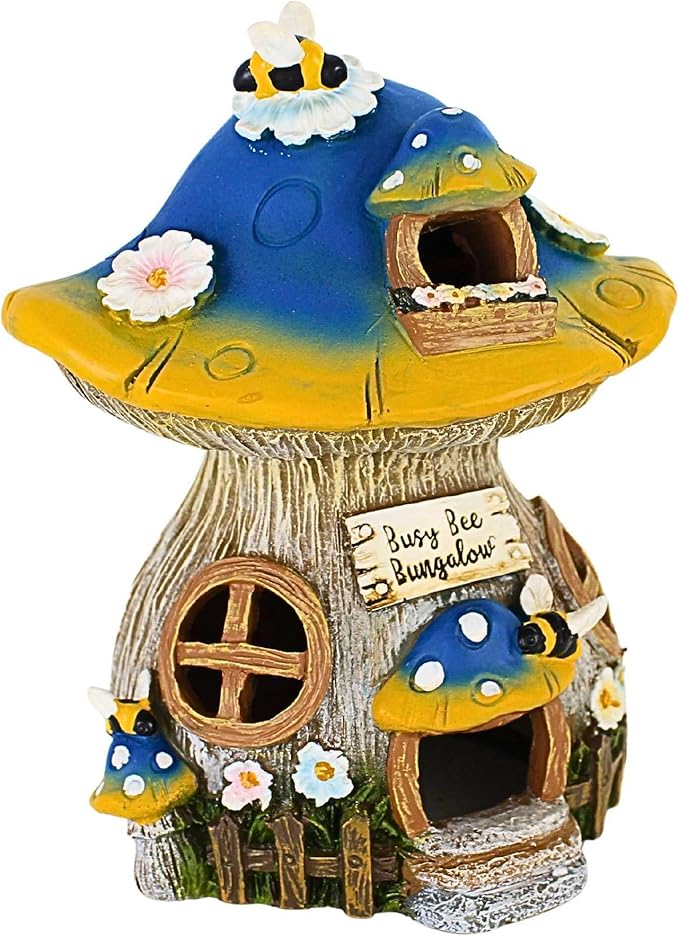 Roman Busy Bee Bungalow Mushroom House Statue, 8.75-inch Height, Resin, Home, Garden, Outdoor