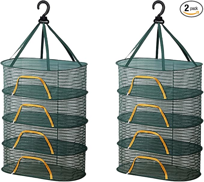 WALLBIG 2Pack Foldable Mesh Drying Rack, 4Layer Zipper Hanging Rack for Herbs, Indoor/Outdoor (Green)