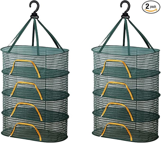 WALLBIG 2Pack Foldable Mesh Drying Rack, 4Layer Zipper Hanging Rack for Herbs, Indoor/Outdoor (Green)
