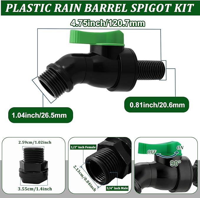 Plastic Rain Barrel Spigot Kit - High Flow Water Barrel Faucet with Bulkhead Fitting, 1/2" NPT to 3/4" GHT Leak-Proof Rain Barrel Spigot with Seal Tape & Gasket for Water Tank, Garden Barrel