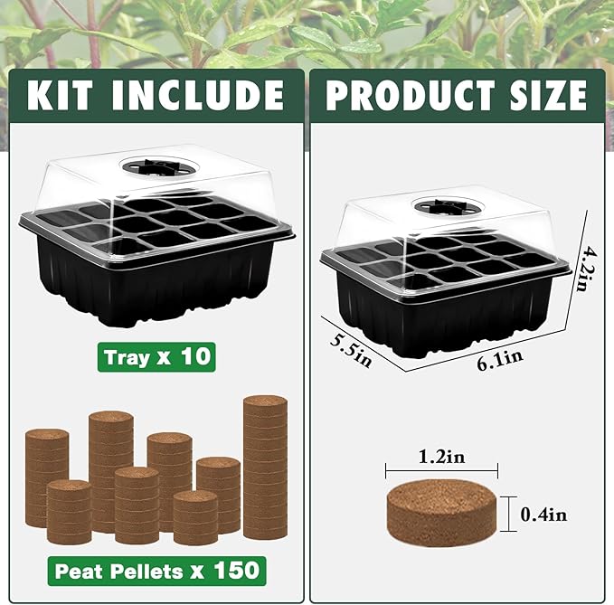 ZeeDix 10 Set Seed Starter Tray Kits, 10 Pack Seed Trays with 120 Pack Coco Coir Pellets, Adjustable Humidity Germination Tray with Dome Lids for Indoor Plants, Mini Greenhouse for Vegetables Garden