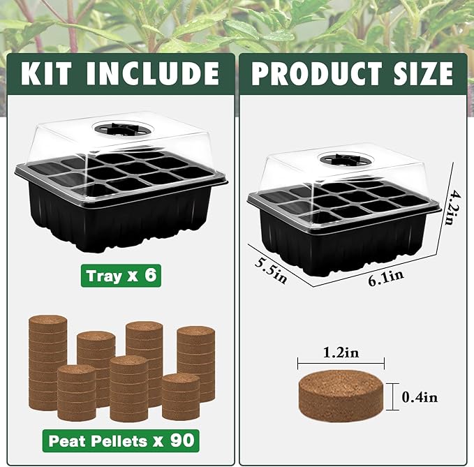 ZeeDix 6 Set Seed Starter Tray Kits, 6 Pack Seed Trays with 90 Pack Coco Coir Pellets, Adjustable Humidity Germination Tray with Dome Lids for Indoor Plants, Mini Greenhouse for Vegetables Garden