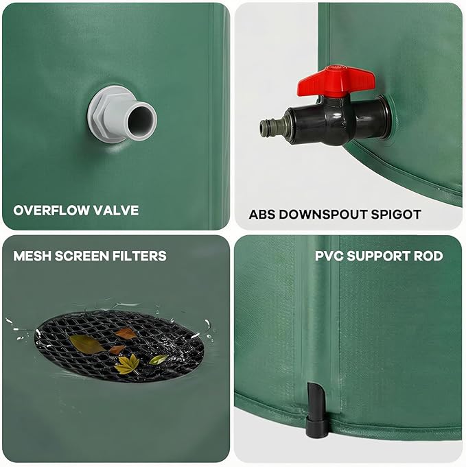 50 Gallon Collapsible Rain Barrel, Foldable 500D PVC Rainwater Collection Barrel with Spigot, Top Mesh and Overflow Valve, Portable Water Storage Tank for Gutter Downspout, Garden Watering