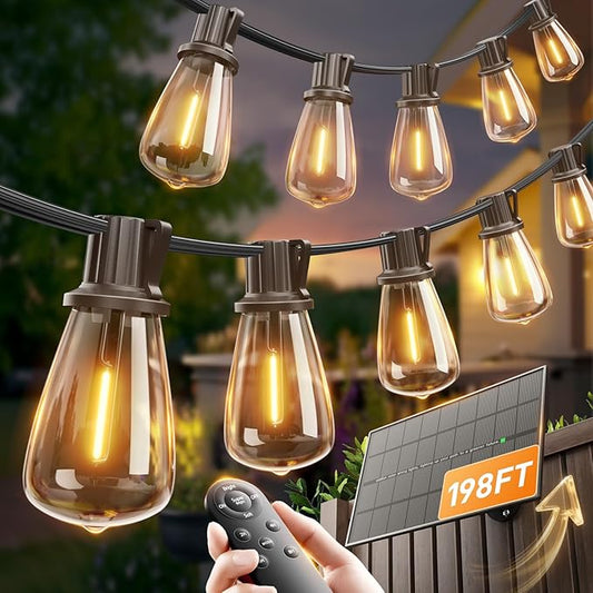 addlon 198FT(192+6) Solar String Lights Outdoor with Remote, Long-Lasting Waterproof Patio Lights, Dimmable & Timable Hanging Solar Light with 60 LED Bulbs for Outside, Yard, Garden, Camping, Gazebo