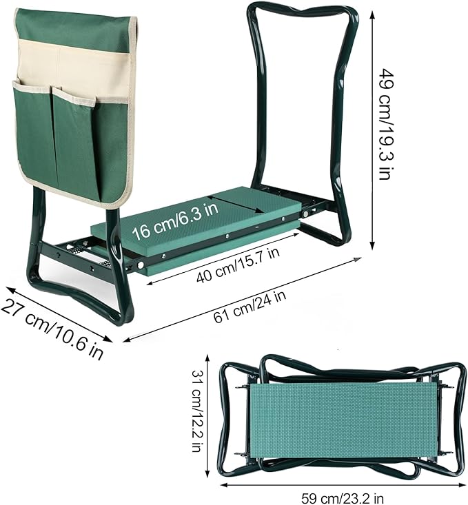 Garden Kneeler and Seat Foldable Gardening Bench Stool with Tool Bag Pouch EVA Foam Pad Outdoor Practical Garden Tools for Kneeling and Sitting Sturdy and Lightweight, Green