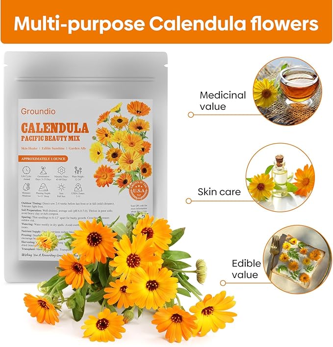 Calendula Seeds Pacific Beauty Mix, 3000+ Calendula Officinalis Seeds, Open Pollinated Non-GMO Wildflower Seed Grown in The USA, 1 Ounce