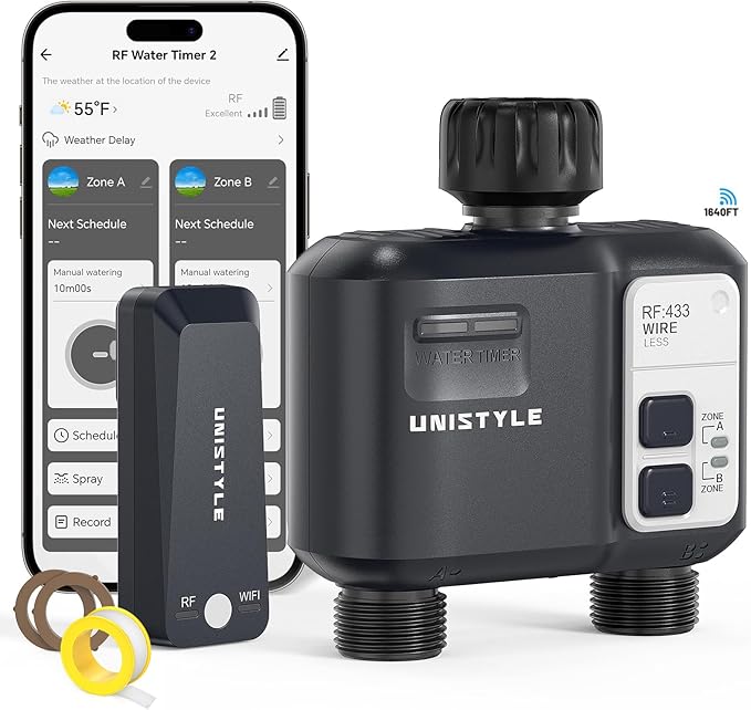 [All-New 2027] 1640FT WiFi Sprinkler Timer 2 Zone, Unistyle Smart Hose Timers Compatible Alexa & Google Voice and App Control, Water Timer for Garden Hose with Auto & Manual Modes for Garden Lawn