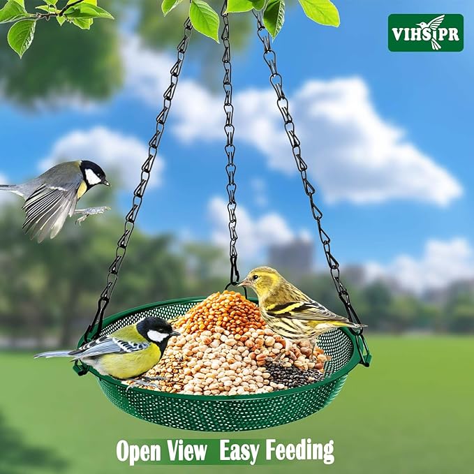 Platform Hanging Bird Feeder for Outdoors – Metal Mesh Seed Tray to Attract Wild Birds, Round 9 in, Green