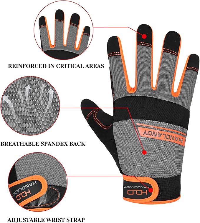 HANDLANDY Work Gloves for Men & Women, Utility Mechanic Working Gloves Touch Screen, Flexible Gardening Gloves for Yard