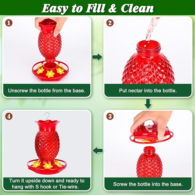 Glass Hummingbird Feeders for Outdoors Hanging Ant and Bee Proof 16OZ 1 Pack Red Pineapple Humming Bird Feeder with 6 Feeding Ports and Ant Moat Hummingbird Gifts for Women Garden Decor