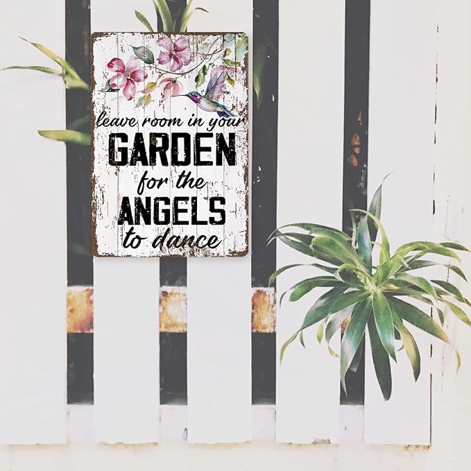 Metal Garden Sign, Leave Room in Your Garden for the Angels to Dance Sign, Decorative Wooden Wall Plaque, Cottage Yard Balcony Decor, Outdoor Vintage Metal Tin Signs 11.8 * 7.9inches