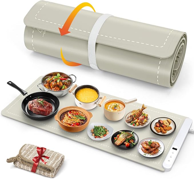 FYY Extra Large Warming Mat for Food - Rapid and Full Surface Heating, 6 Temp Settings, 6H Timer, Rollable Portable Food Warming Mat for Gatherings, Parties, Keep Meal Warm (XX Large Size, Khaki)