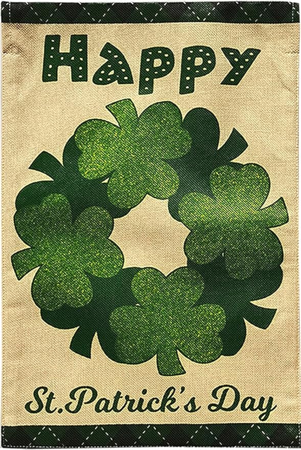 Happy St. Patrick's Wreath Burlap Garden Flag Holiday 12.5" x 18" Briarwood Lane