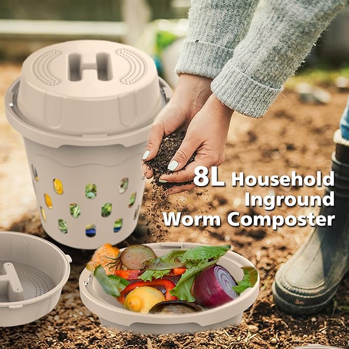 2-Pack Inground Worm Composter, Outdoor Worm Compost Bin for Garden Beds & Home Use, Vermicomposting Bin for Beginners (9.5x9.5x10.8Inch), Beige