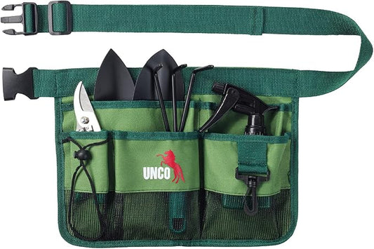 UNCO- Adjustable Gardening Belt, Green, 7 Pockets, Wear, Cut and Water Resistant, Garden Tool Belt Pouch, Waist Apron with Pockets