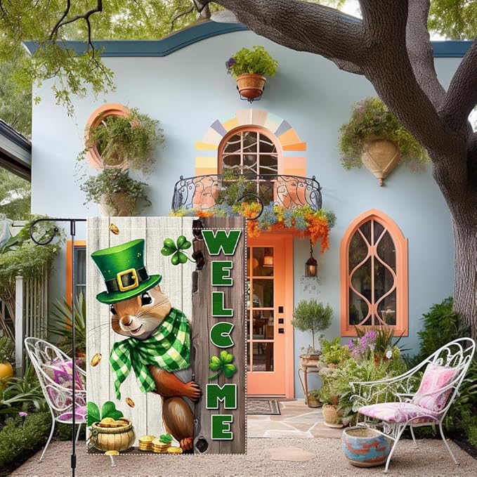 Spring St Patricks Day Garden Flag 12x18inch Double Sided Burlap The Squirrel Lucky Shamrock Garden Flags Happy St. Patrick's Day For Outdoor Yard Patio Lawn Decor,Green Hat with Clovers Gold Coin Pot Welcome Outside Decorations Banner
